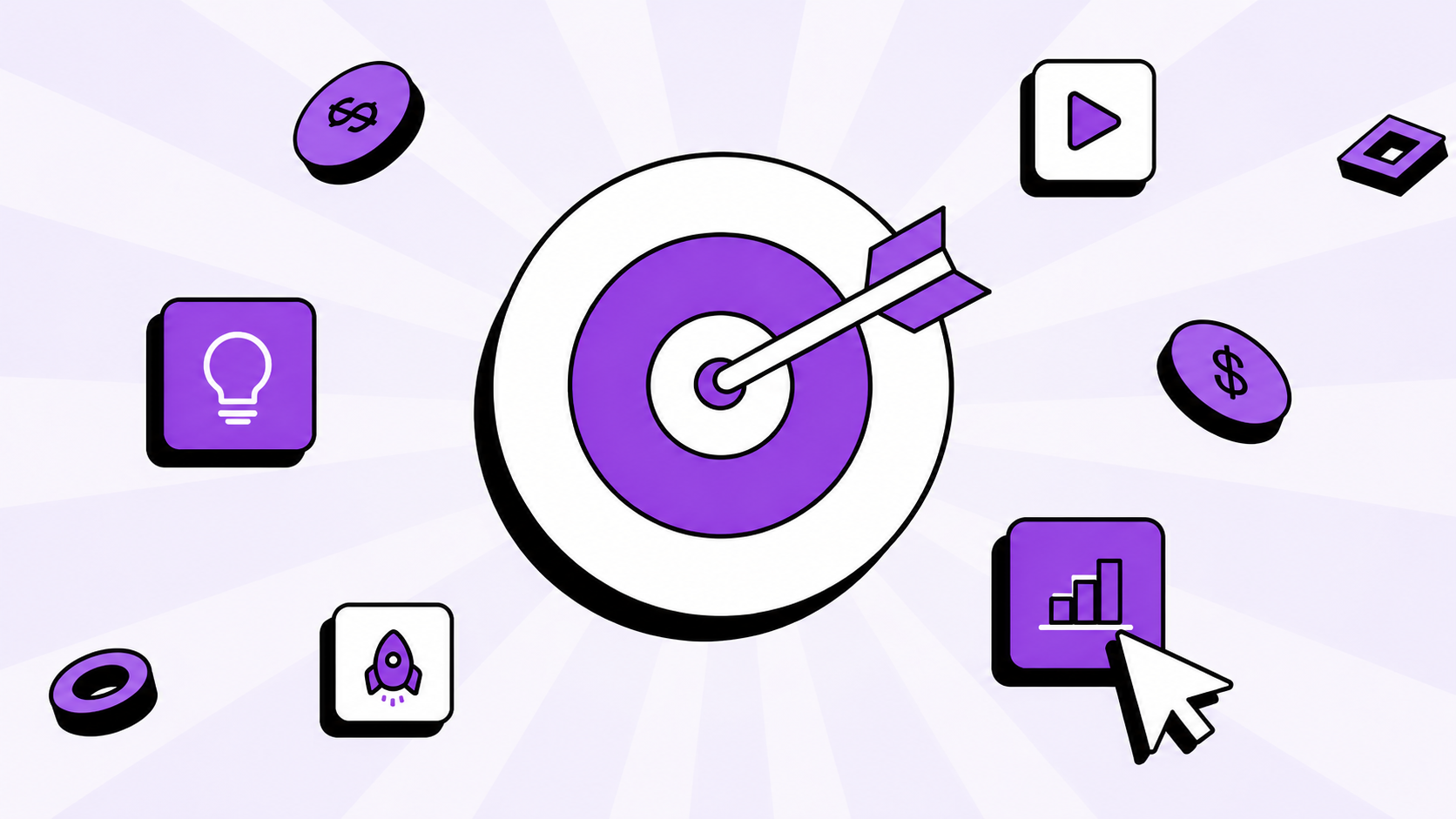 Video marketing strategy concept showing a target and arrow surrounded by growth, revenue, and play button icons, representing goal-driven content planning