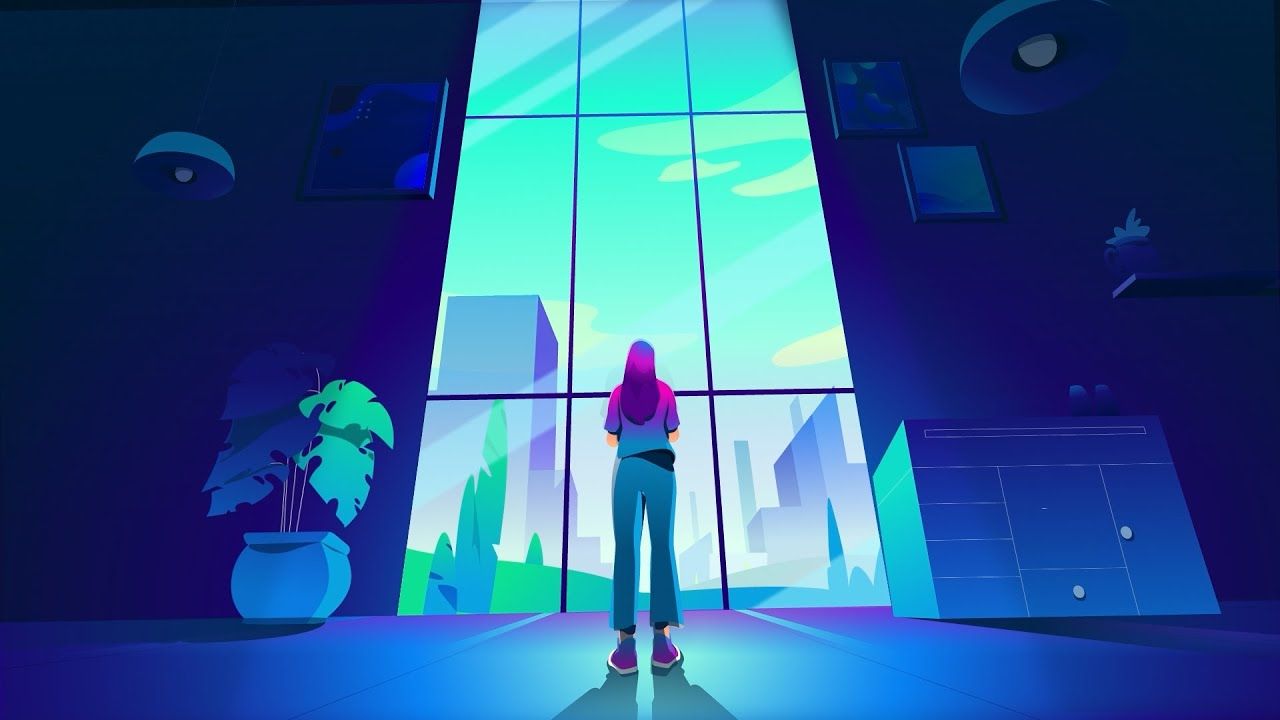 Illustrated woman standing before a large window overlooking a city skyline at dusk, from an AI explainer video intro scene