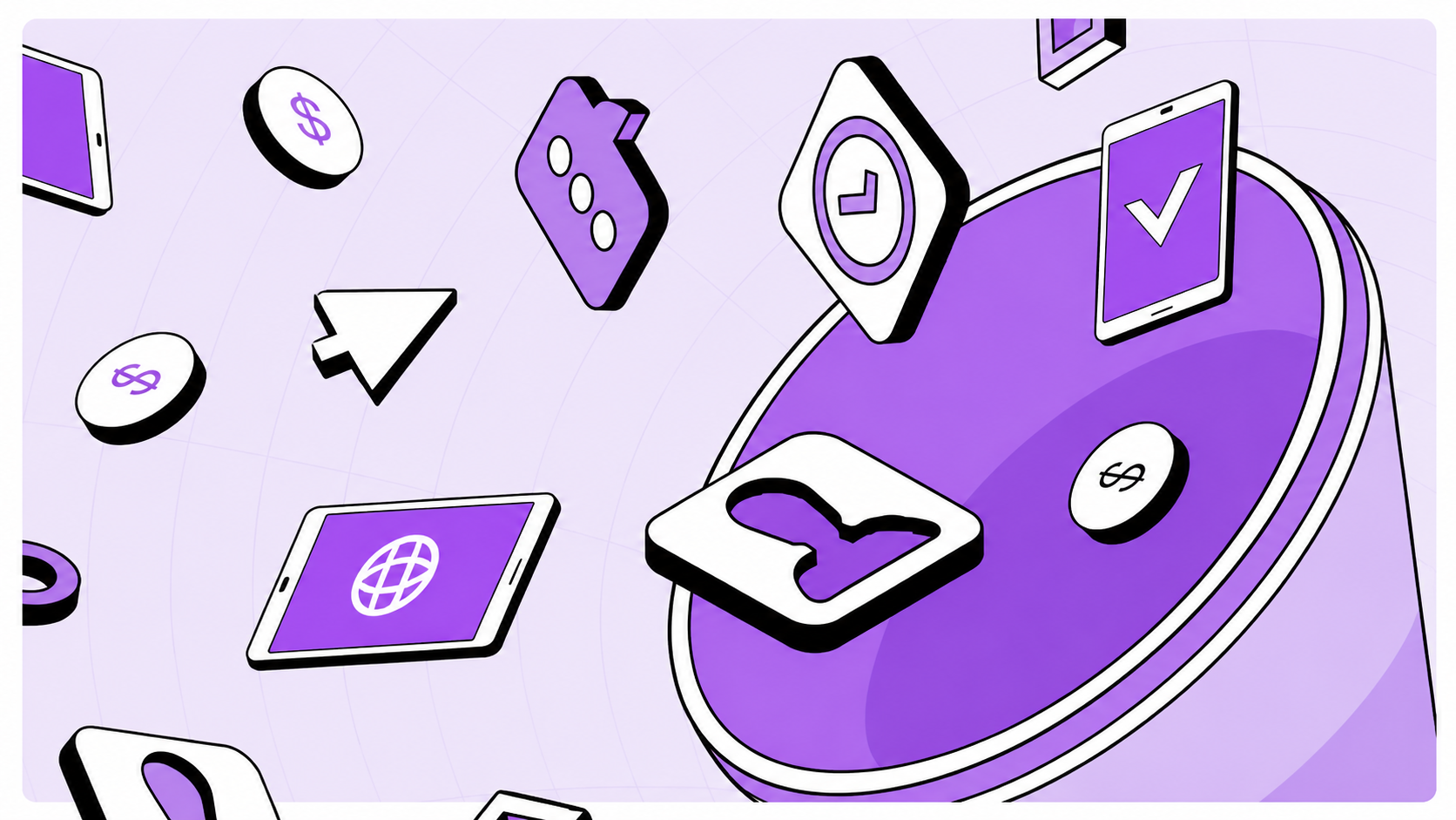 Abstract illustration of fintech icons including dollar coins, checkmarks, a padlock, and a globe, representing digital payments and security