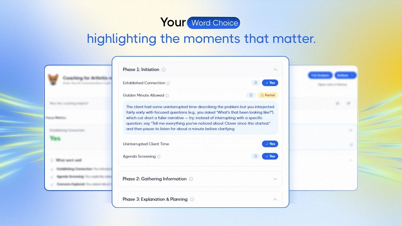 Vetrec Amira AI coaching interface analyzing veterinary consultation phases with word choice feedback and connection metrics
