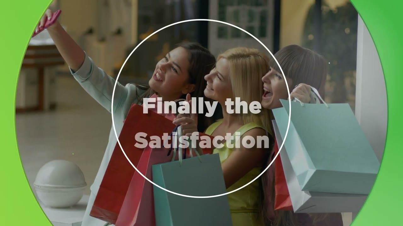 Three women taking a selfie while holding shopping bags, with "Finally the Satisfaction" text inside a circular frame overlay