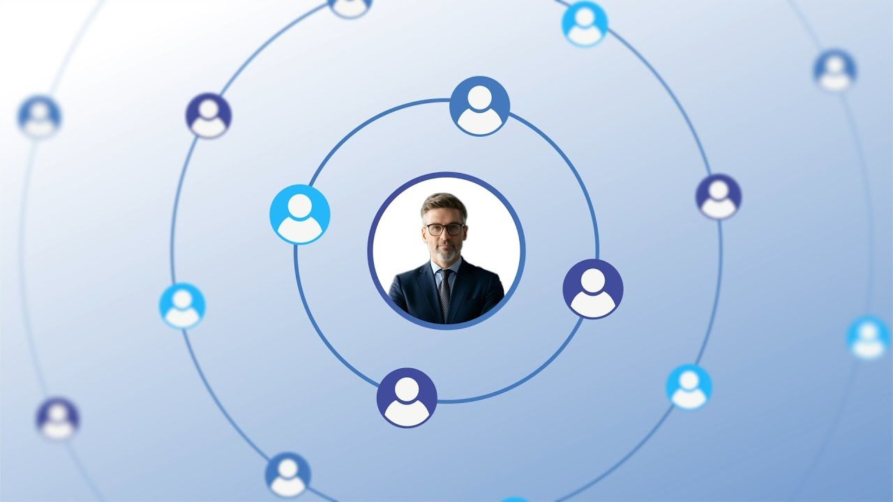 Businessman in a suit at the center of concentric circles connected to person icons, representing an AI customer service network