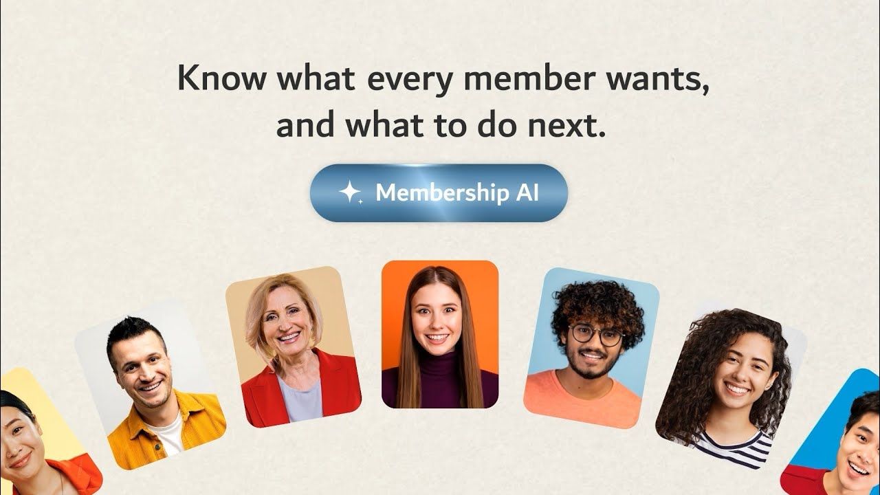 "Know what every member wants" headline with the Membership AI badge above a row of diverse member headshot photos