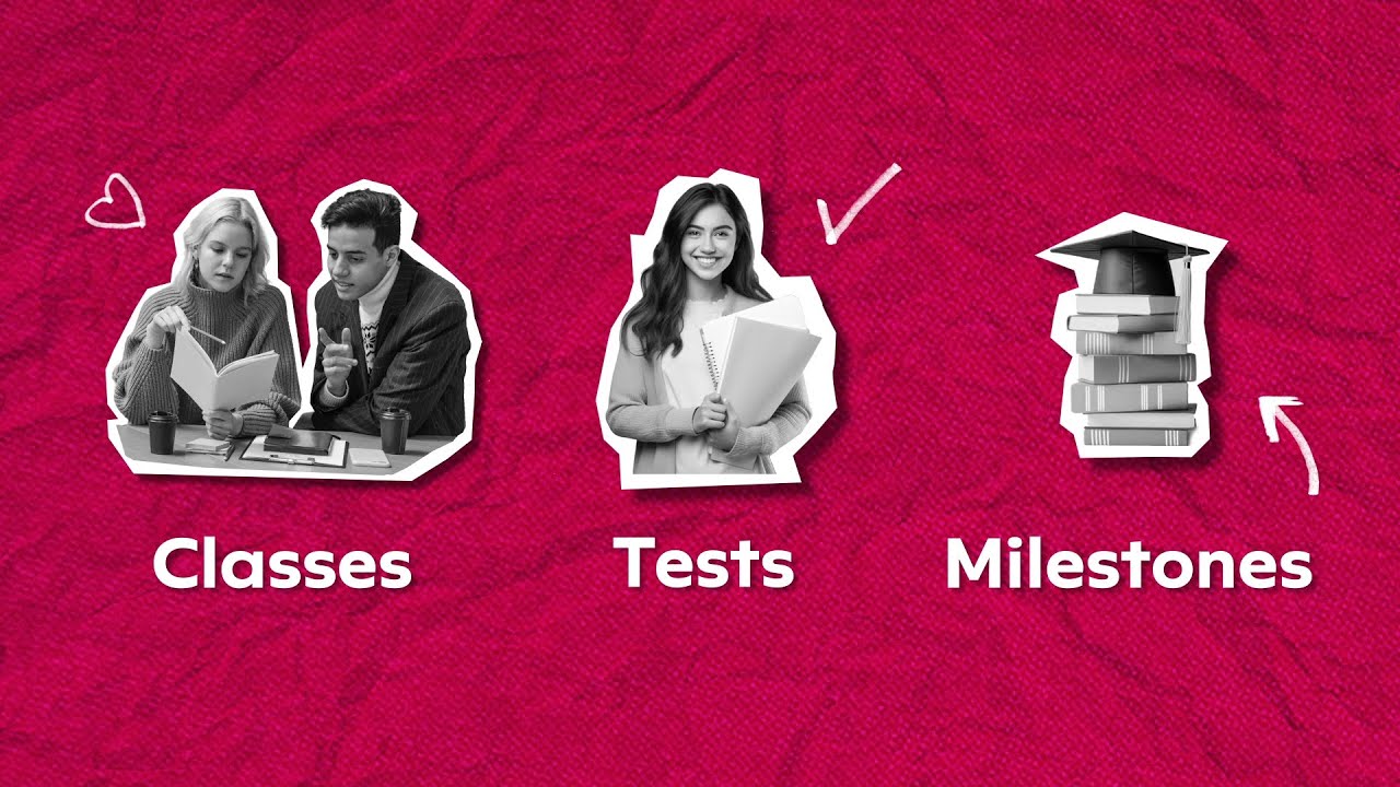 Three cutout photo collage sections labeled Classes, Tests, and Milestones, illustrating an EdTech student journey explainer video