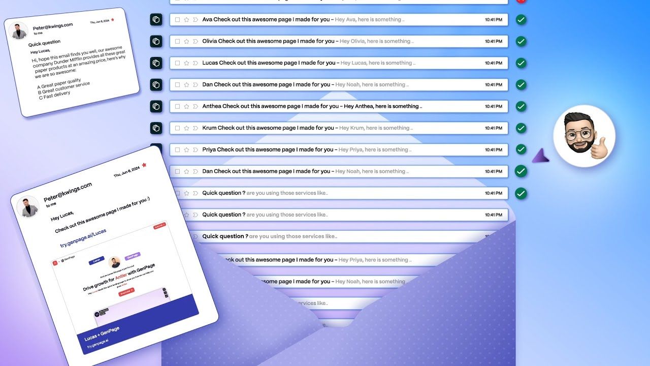 GenPage product demo thumbnail showing personalized cold outreach inbox and a custom landing page built for Lucas at Antler
