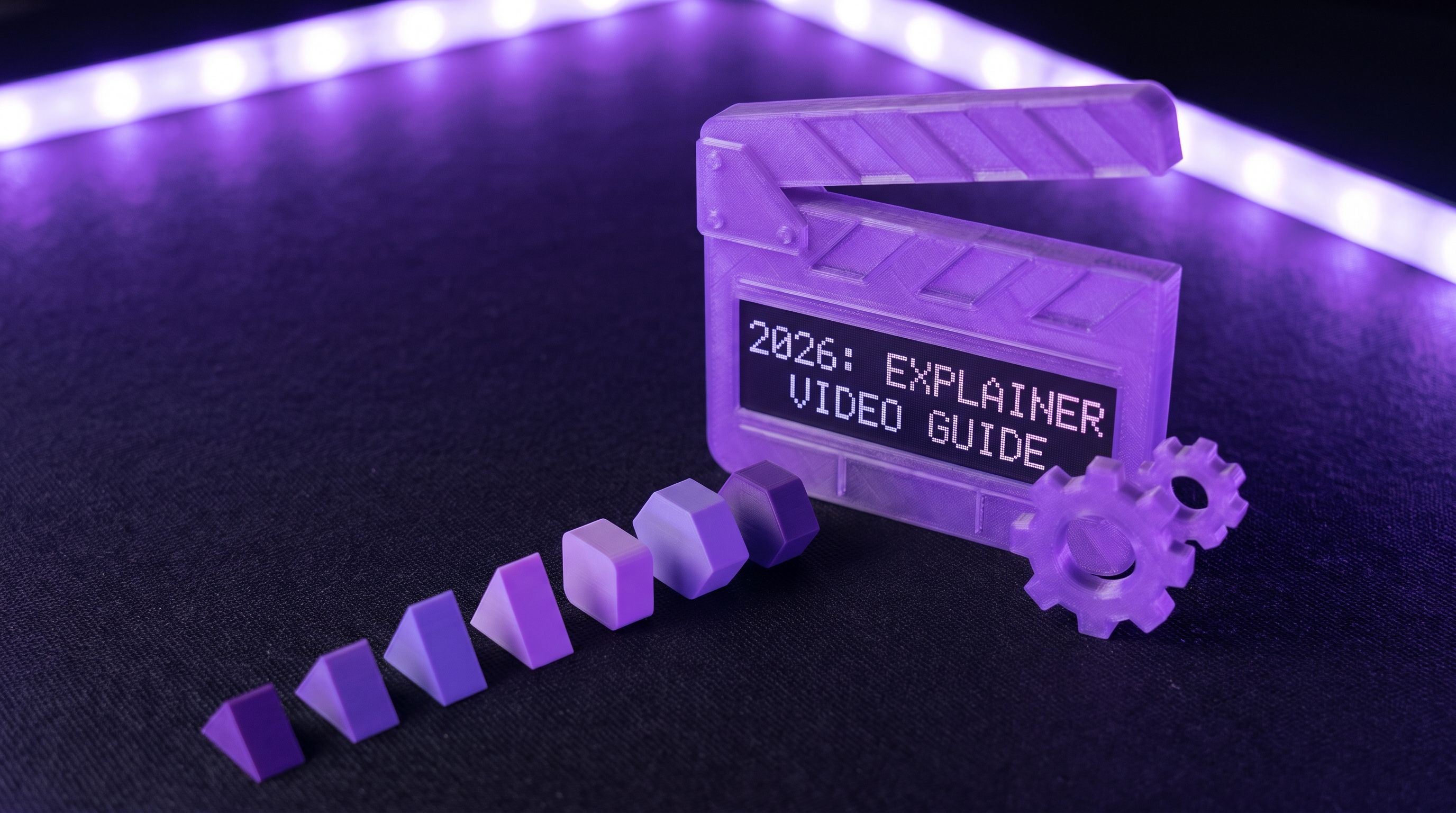 A dynamic 3D isometric workspace illustration with glowing purple monitors displaying video editing software timelines and SaaS data charts, representing tech explainer video production.