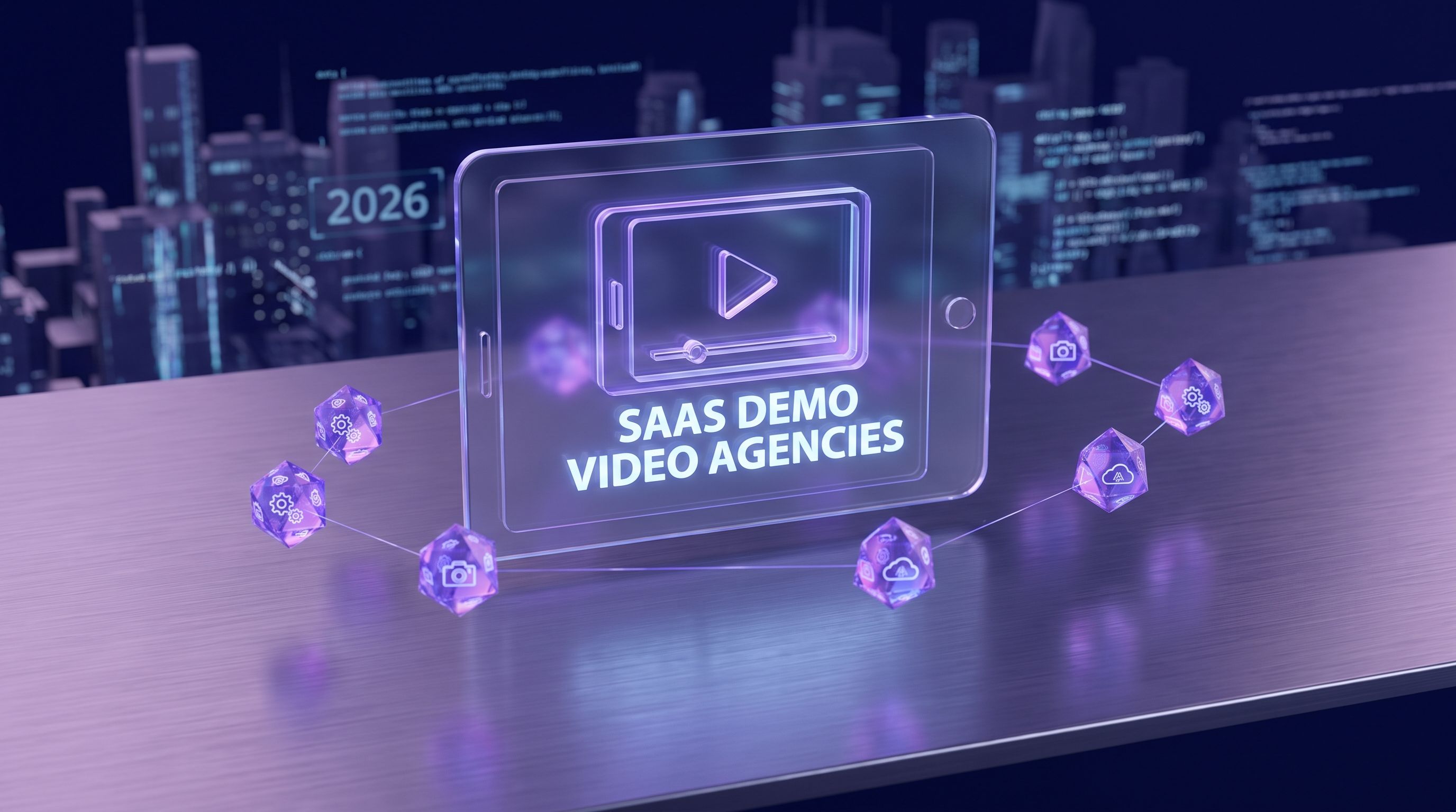 A futuristic 3D digital illustration featuring a glowing neon glass tablet displaying a play icon and the text "SAAS DEMO VIDEO AGENCIES". The tablet is surrounded by purple holographic icons representing software and video production, with a futuristic city skyline and code in the background displaying the year 2026.