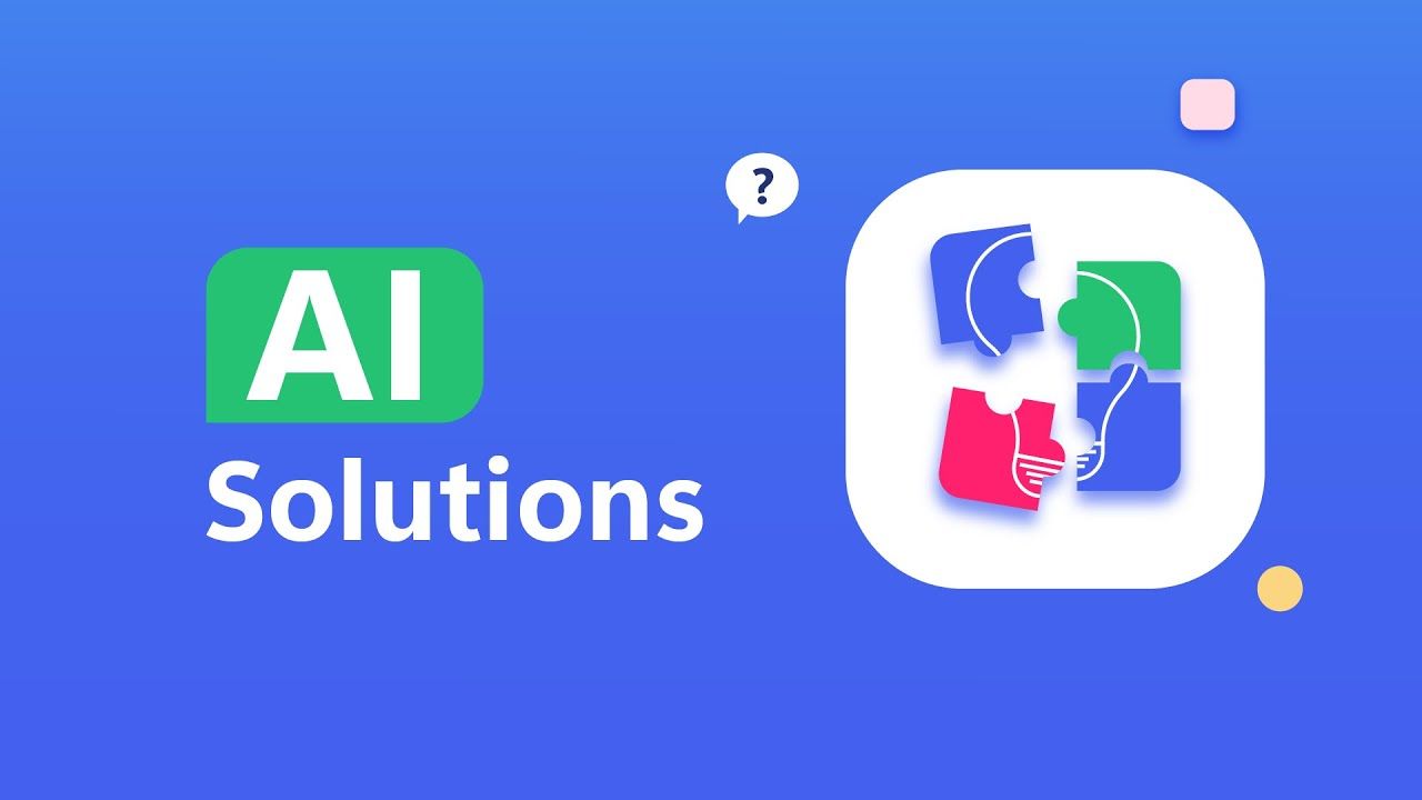 "AI Solutions" text beside a colorful jigsaw puzzle icon with a question mark, from an animated AI promo explainer video