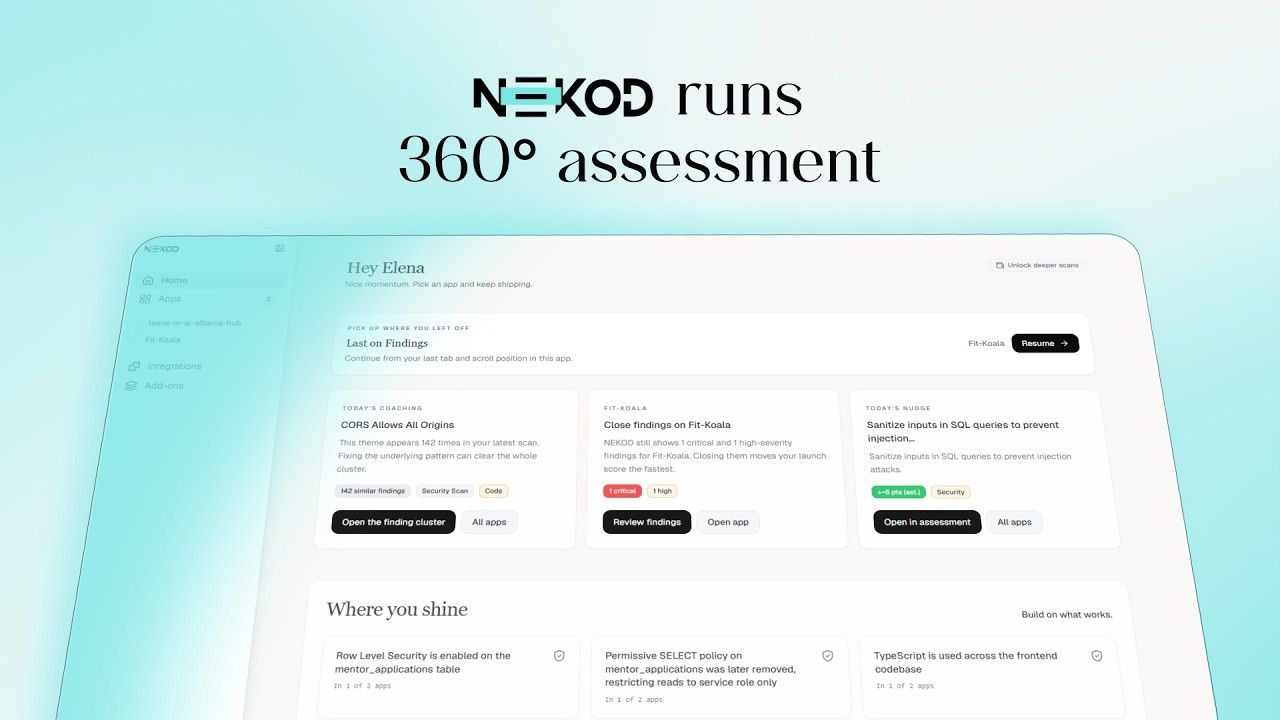NEKOD security assessment dashboard showing findings for CORS issues, SQL injection risks, and Row Level Security across connected apps