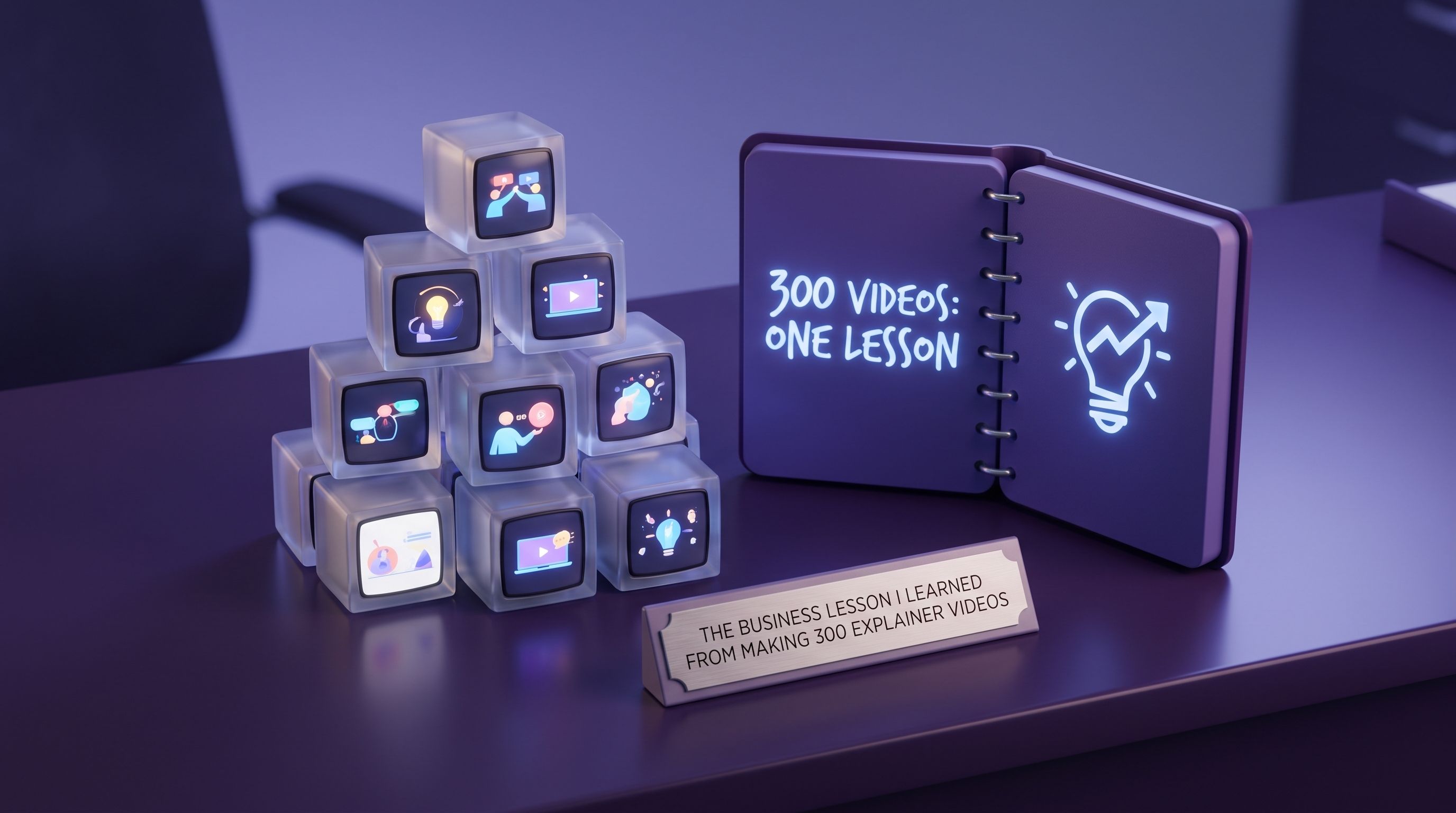 A creative 3D rendering of the number 300 with video play icons, floating timeline tracks, and analytics charts, representing the business lessons learned by explainer video company Beliv8 Motion.