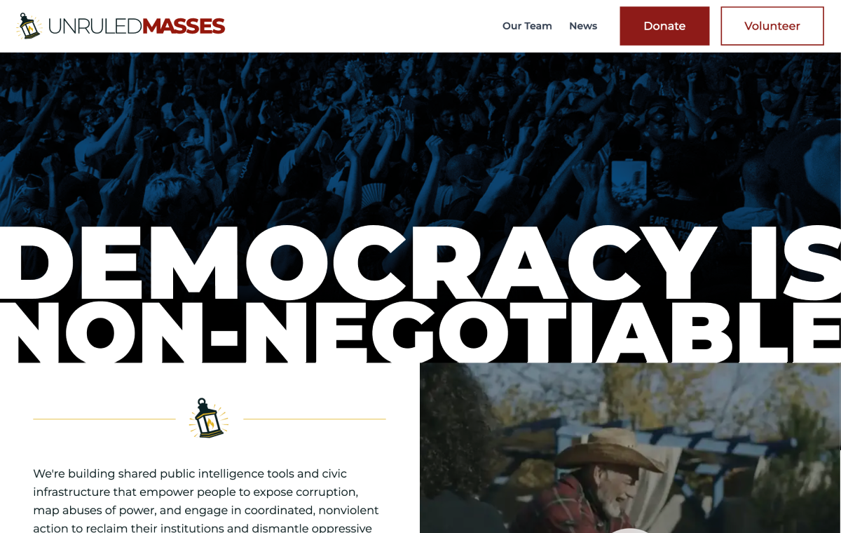 Screenshot of the UnruledMasses.org website. Democracy is non-negotiable.