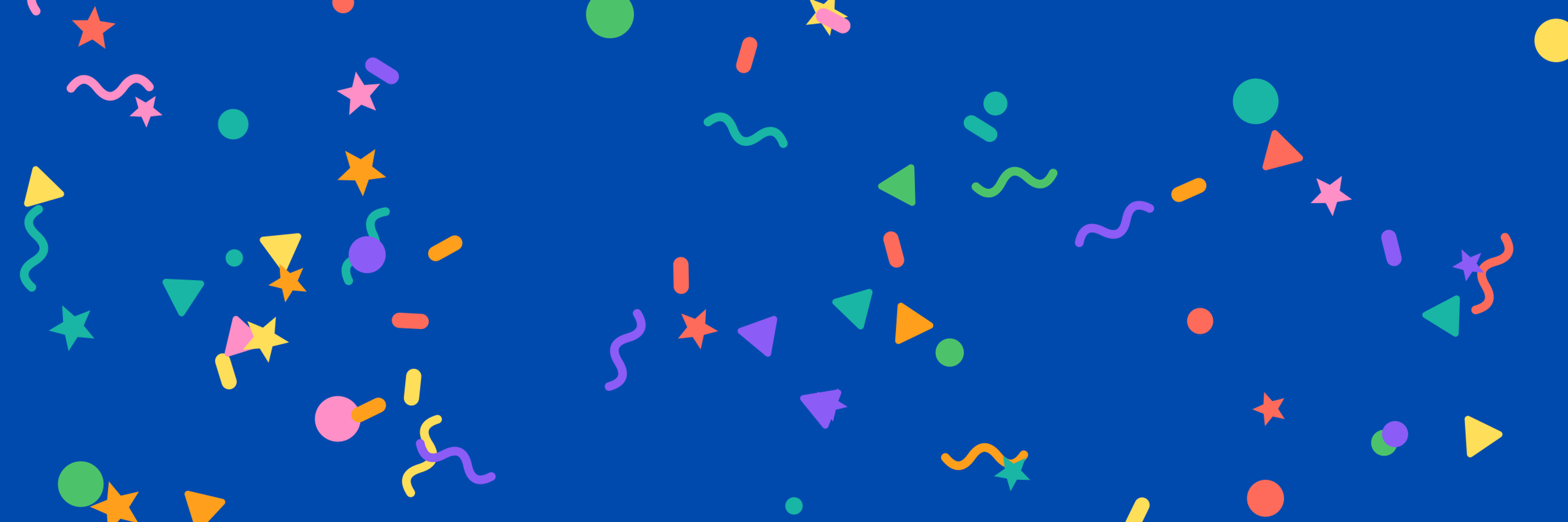 Colorful confetti, stars and squiggles on a blue background