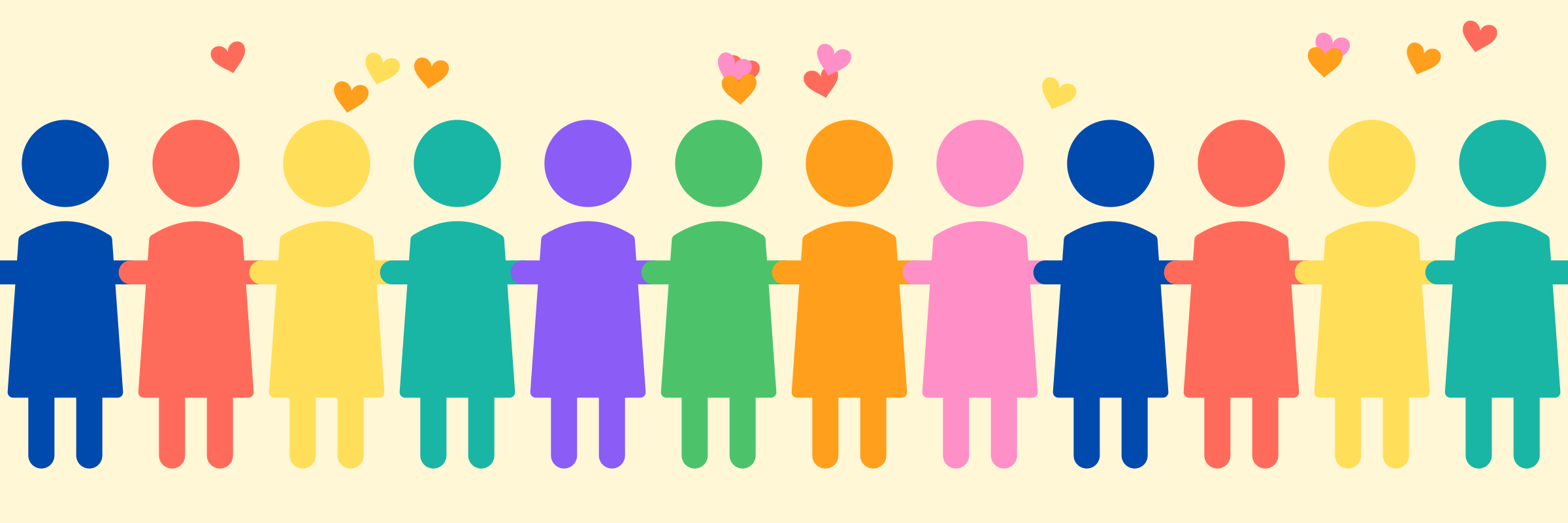 A row of colorful paper-doll figures holding hands