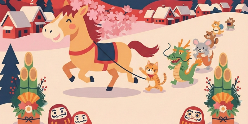 Celebrating the year of the horse with the zodiac animals following behind framed with kadomatsu and darumas.