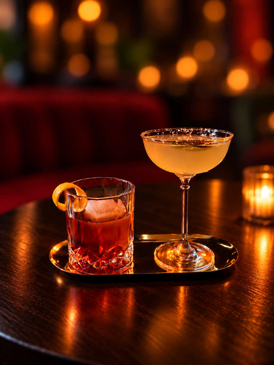 A dark rocks glass with an orange twist beside a pale coupe, on a brass tray