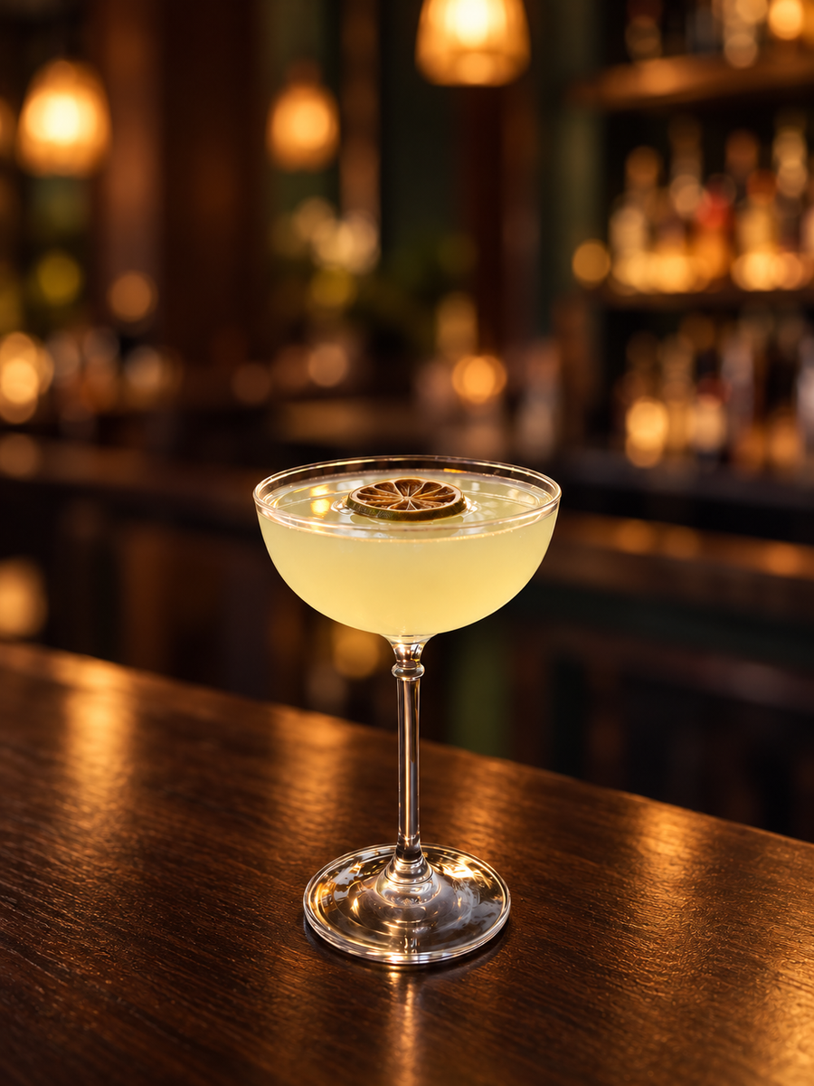 A pale coupe with a dried citrus wheel on a wooden bar