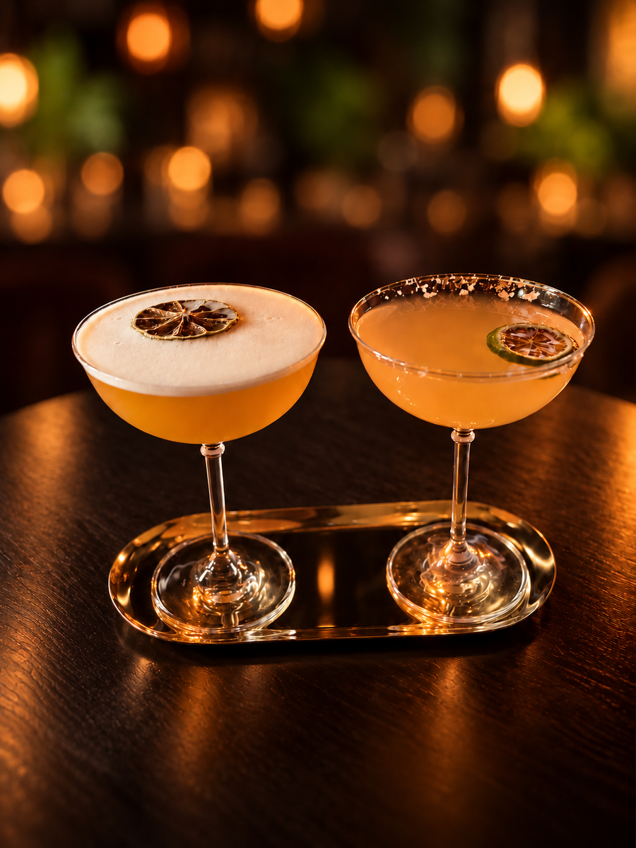 Two coupe glasses on a brass tray, one with foam and dried citrus, one with a salted rim