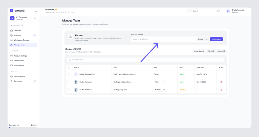 Invite Team Member Modal with Role Selection
