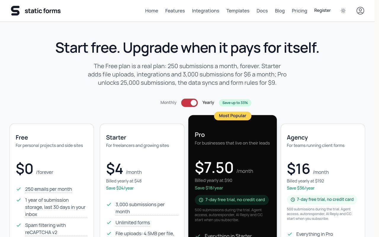 Static Forms pricing page, October 2026