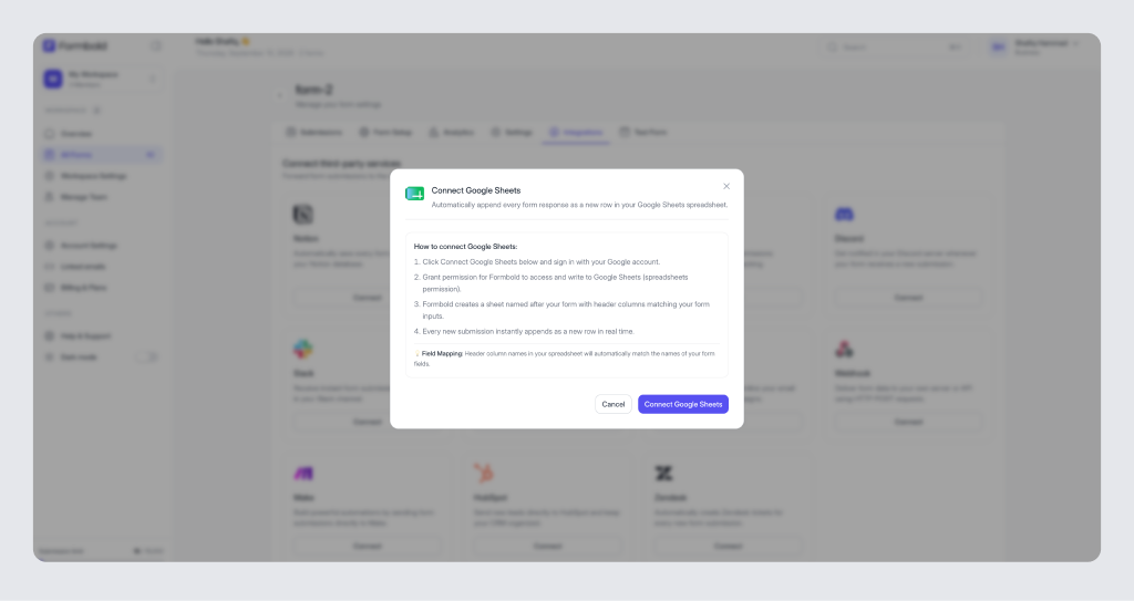 Google Sheets Spreadsheet Connection Modal