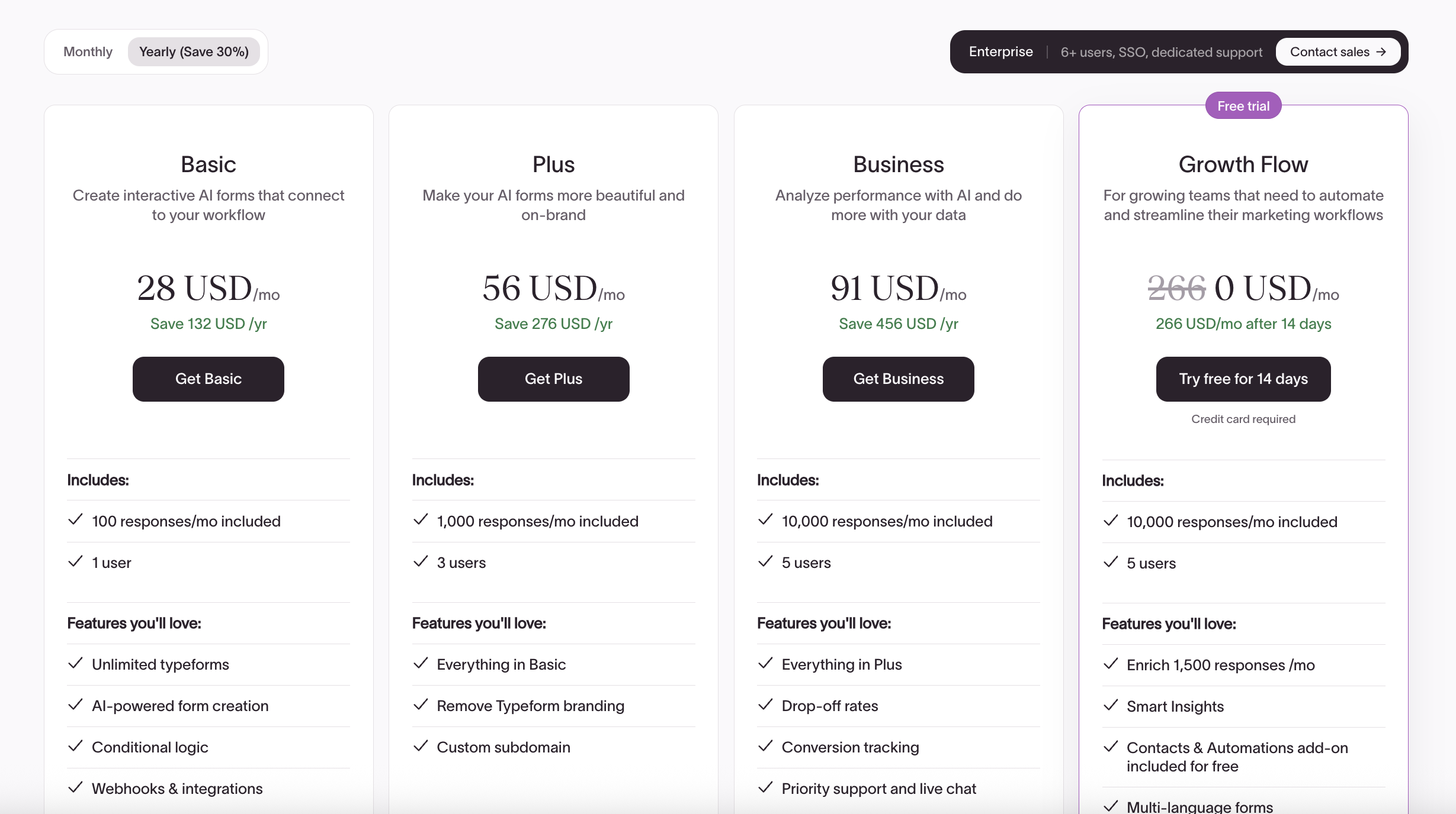 Typeform pricing page, October 2026