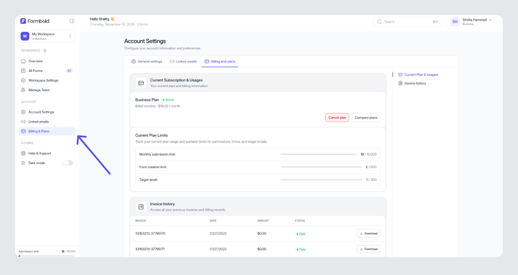FormBold Billing Plans & Monthly Quotas