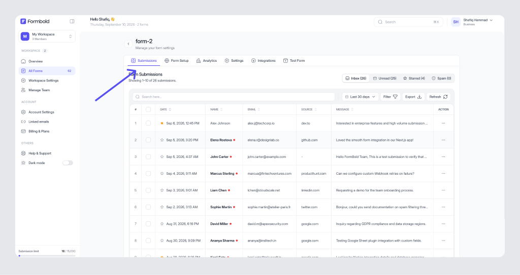 Form Submissions Table & Export Actions