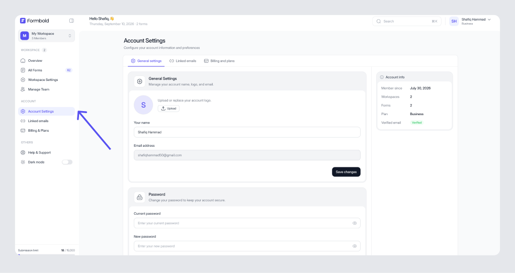 FormBold Account Profile and Security Settings