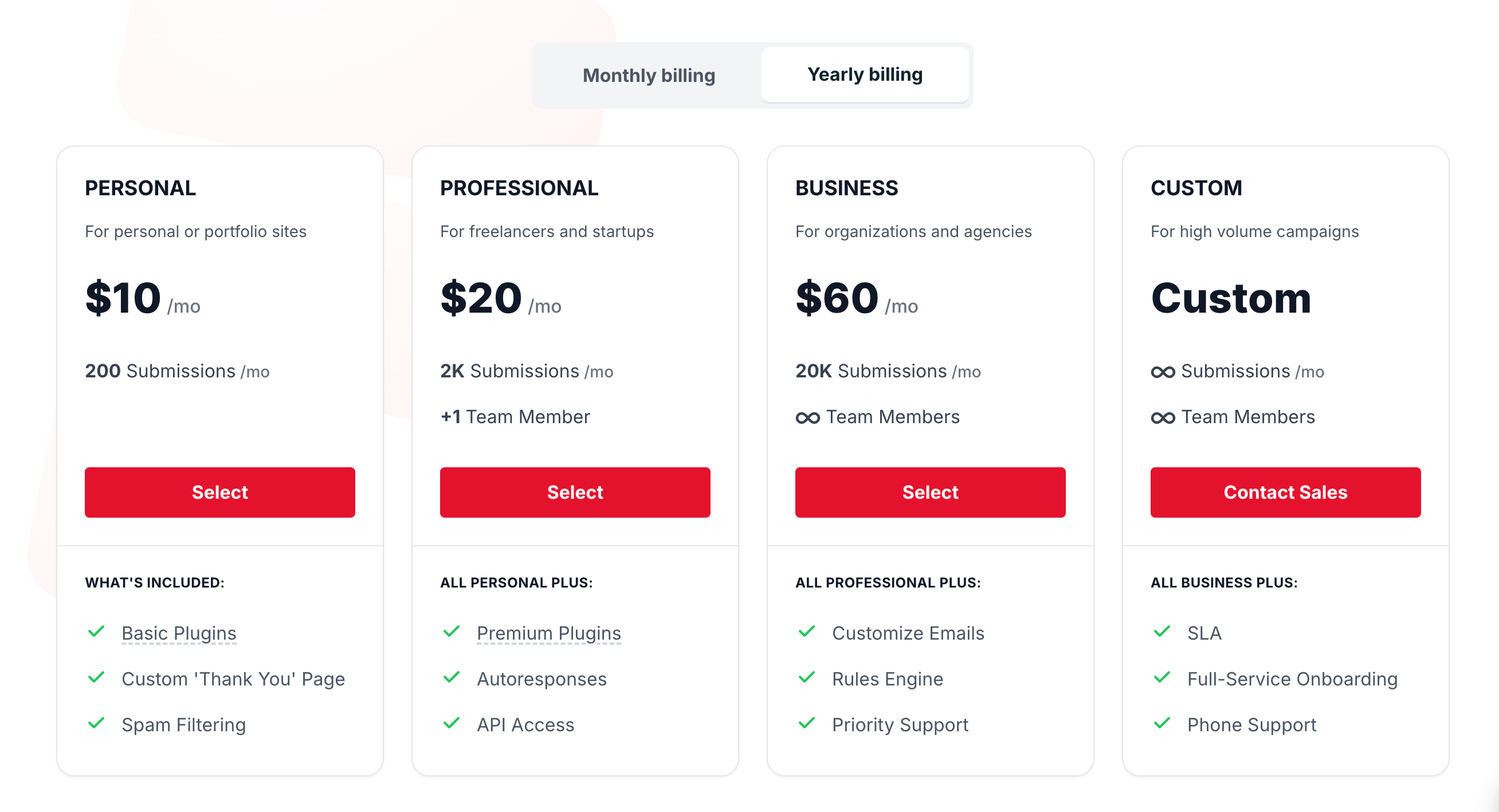 Formspree pricing page, October 2026