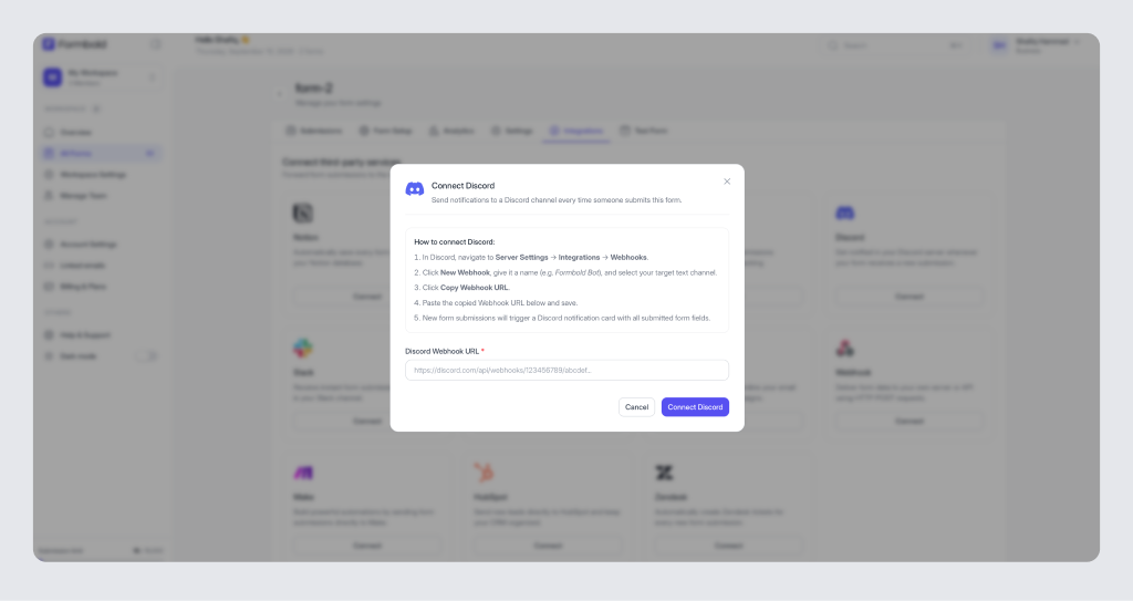 Discord Webhook URL Configuration Modal