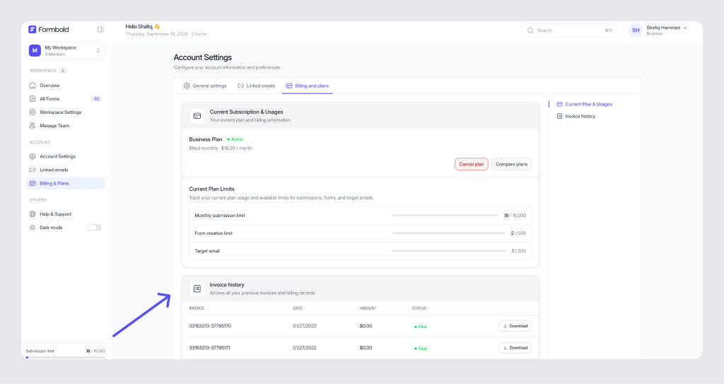 Invoice History & PDF Receipts