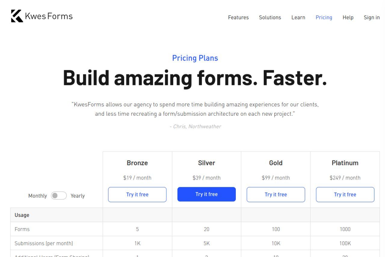 Kwes Forms pricing page, October 2026