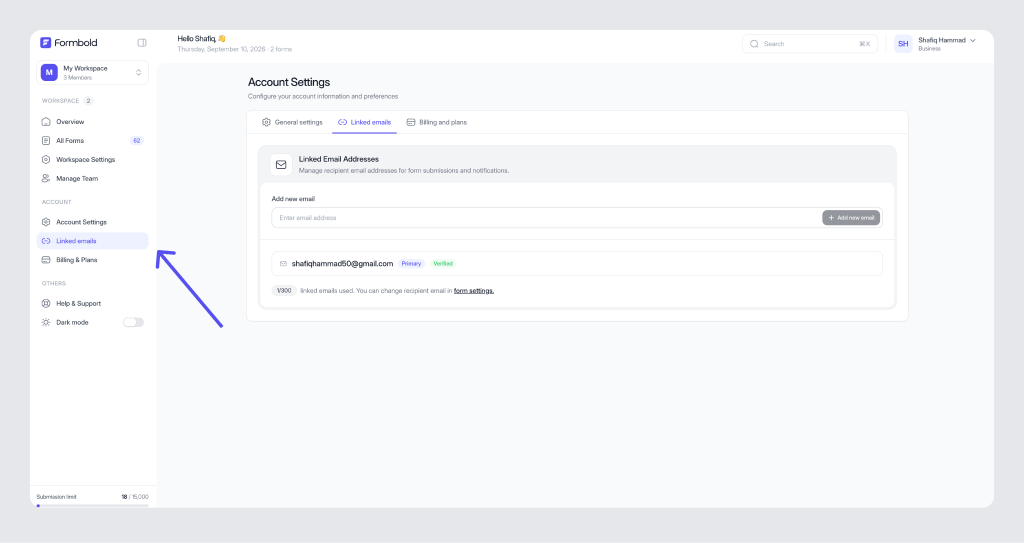 Verified Linked Email Addresses Management