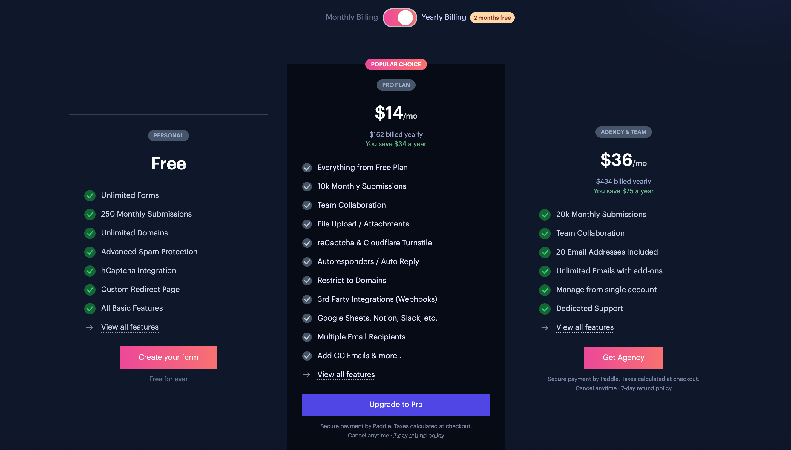 Web3Forms pricing page, October 2026