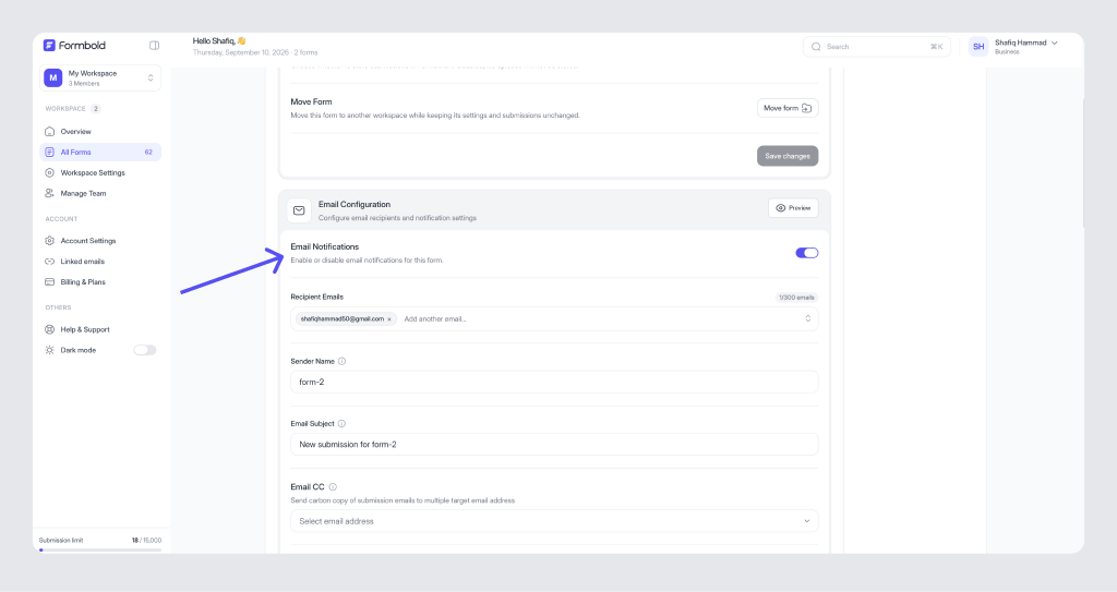 Email Notifications & Target Address Settings
