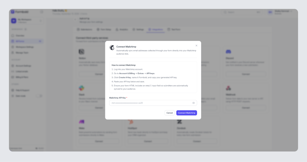 Mailchimp API Key & Audience Selector Modal