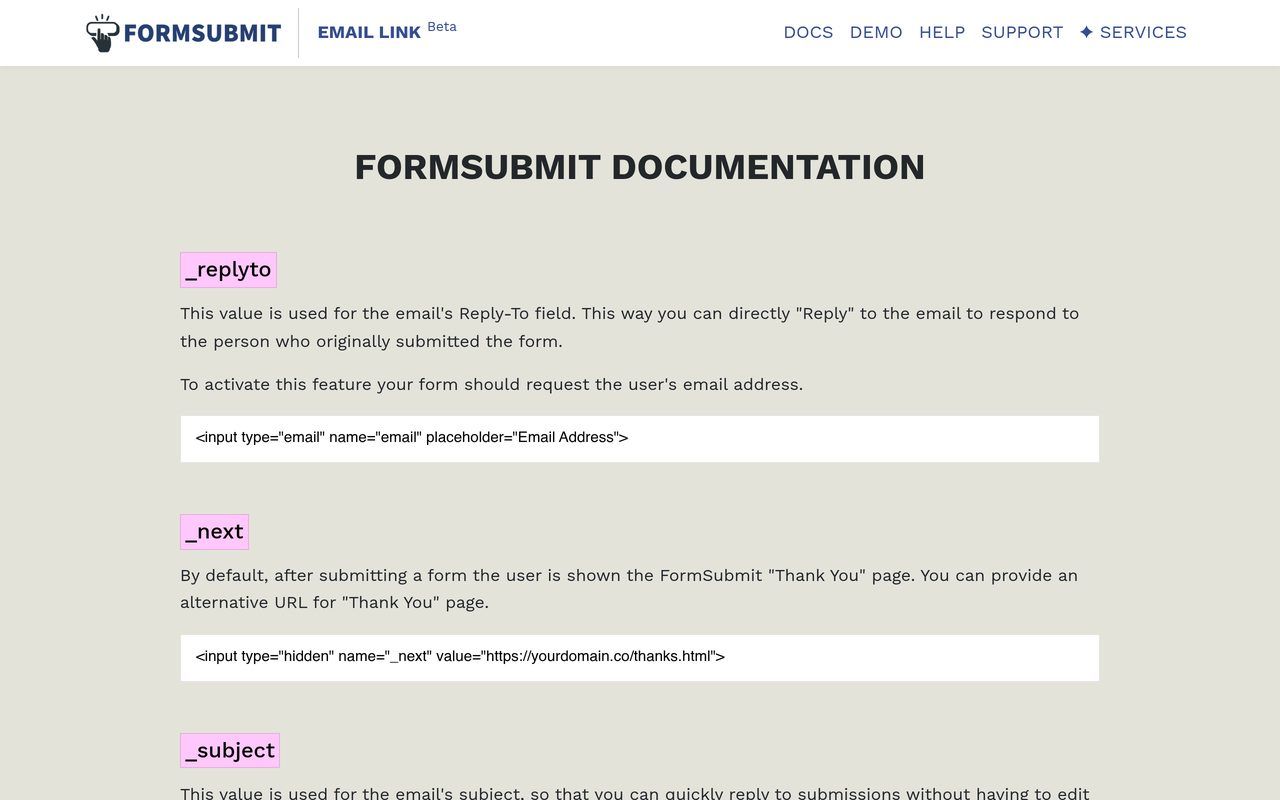 FormSubmit documentation page, October 2026