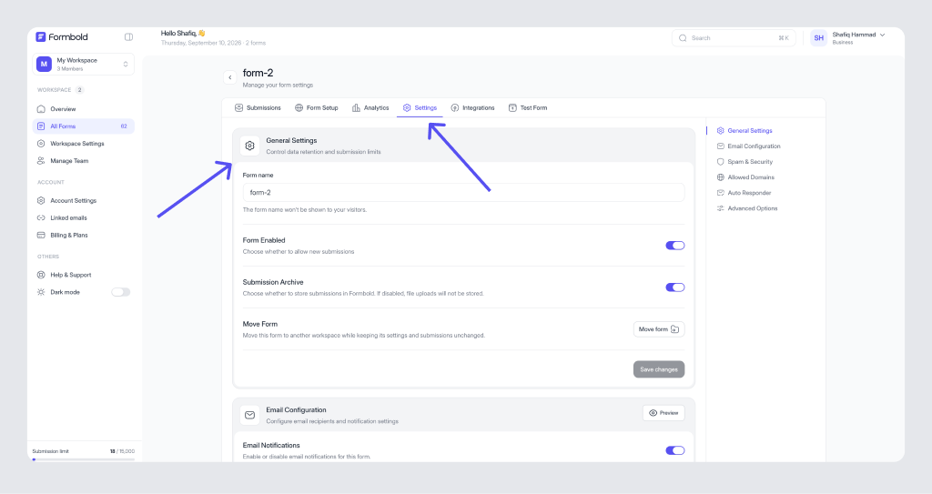 Form General Settings & Enabled Status