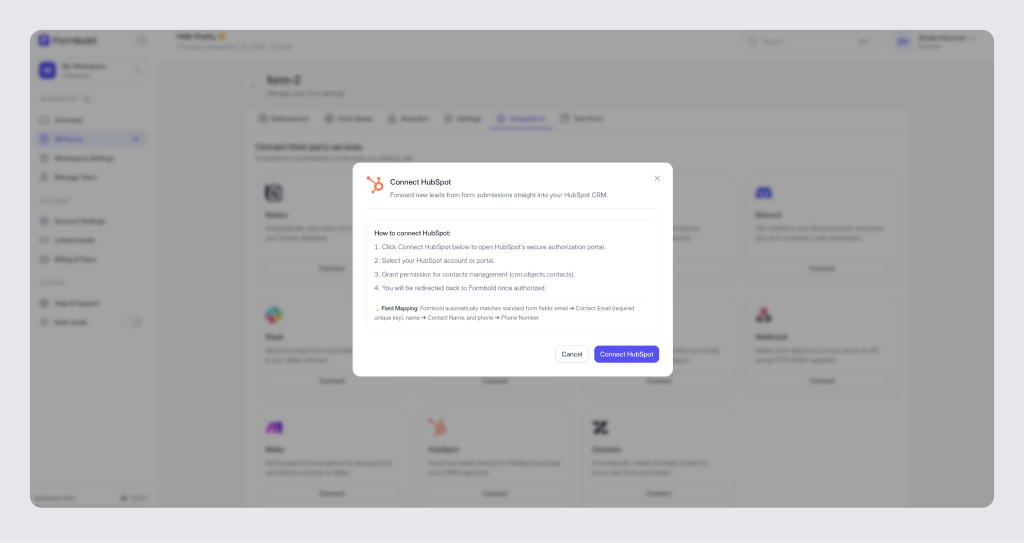 HubSpot CRM Contact Creation OAuth Modal