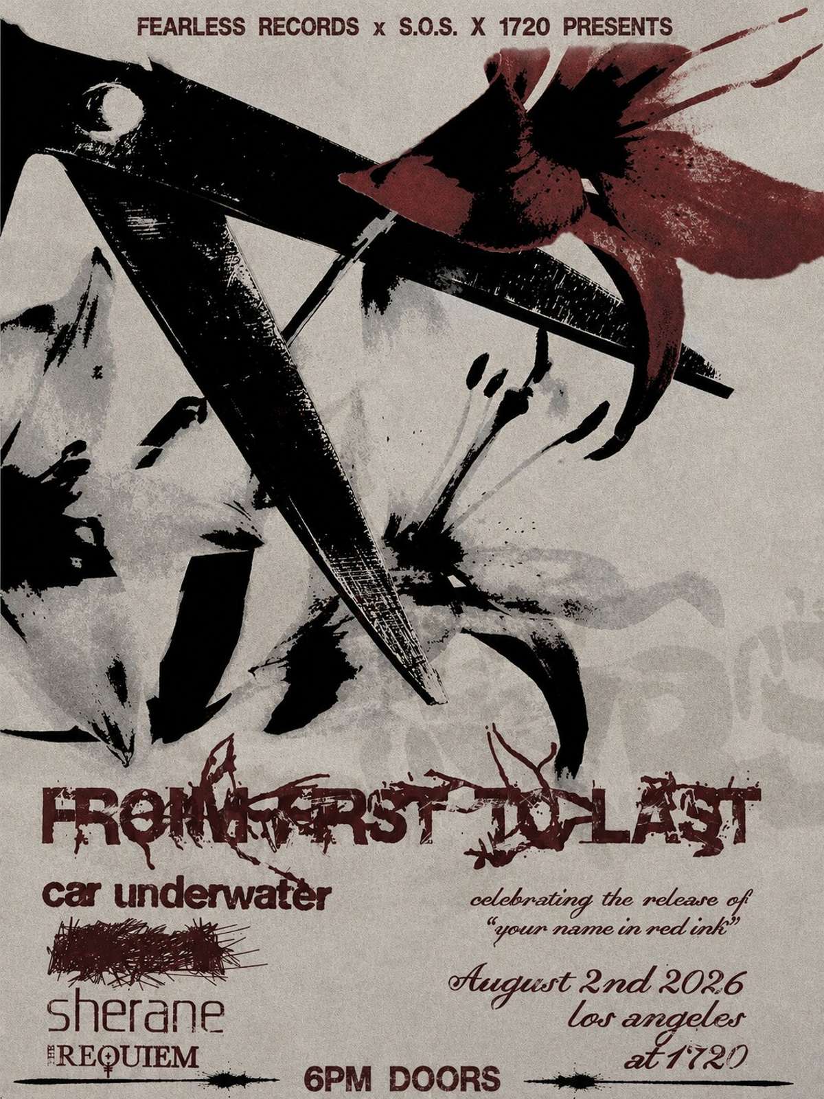 From First to Last at 1720 Los Angeles show flyer, August 2 2026, with Car Underwater, Sherane, and The Requiem