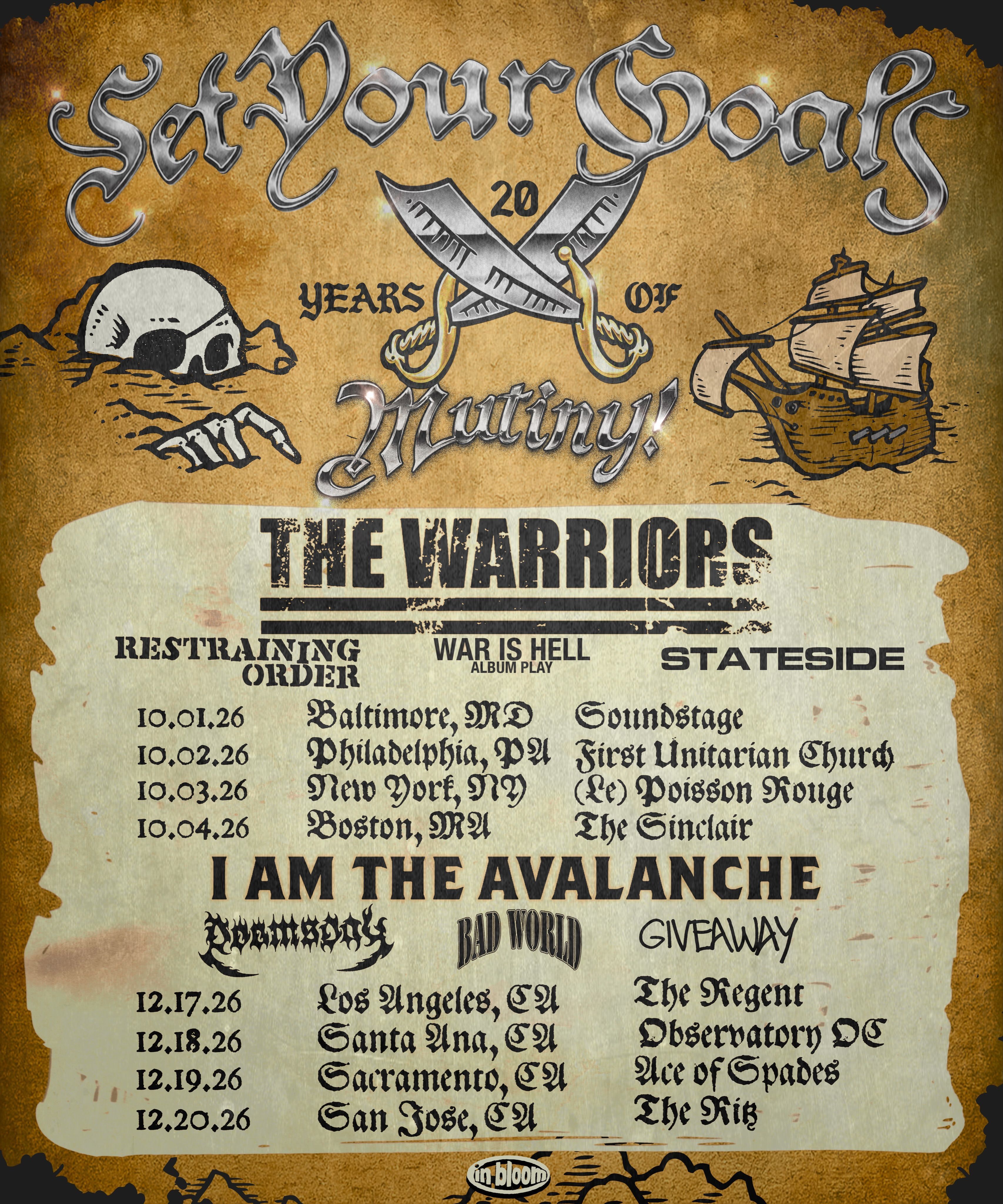 Set Your Goals 20 Years of Mutiny! anniversary tour flyer with The Warriors and I Am The Avalanche