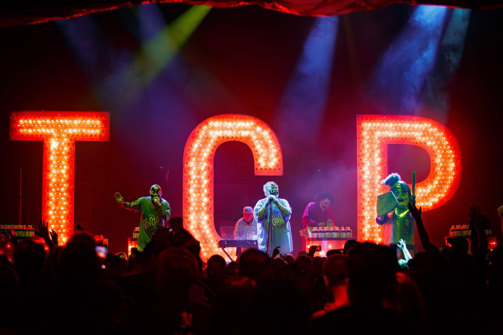 Insane Clown Posse on stage at The Novo with the giant lit ICP letters behind them, April 18, 2026. Photo by Nucorejess.