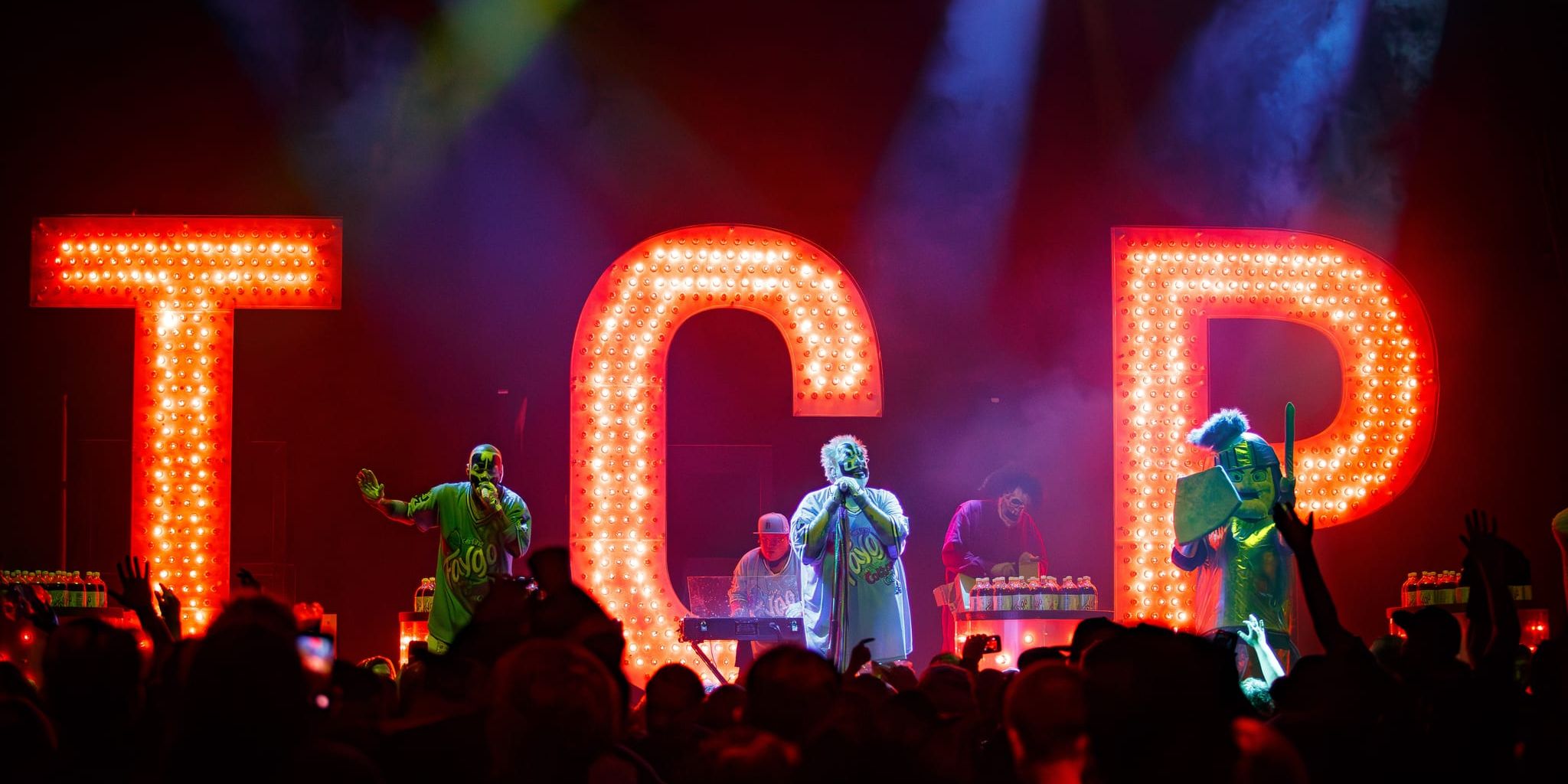 Insane Clown Posse on stage at The Novo with the giant lit ICP letters behind them, April 18, 2026. Photo by Nucorejess.