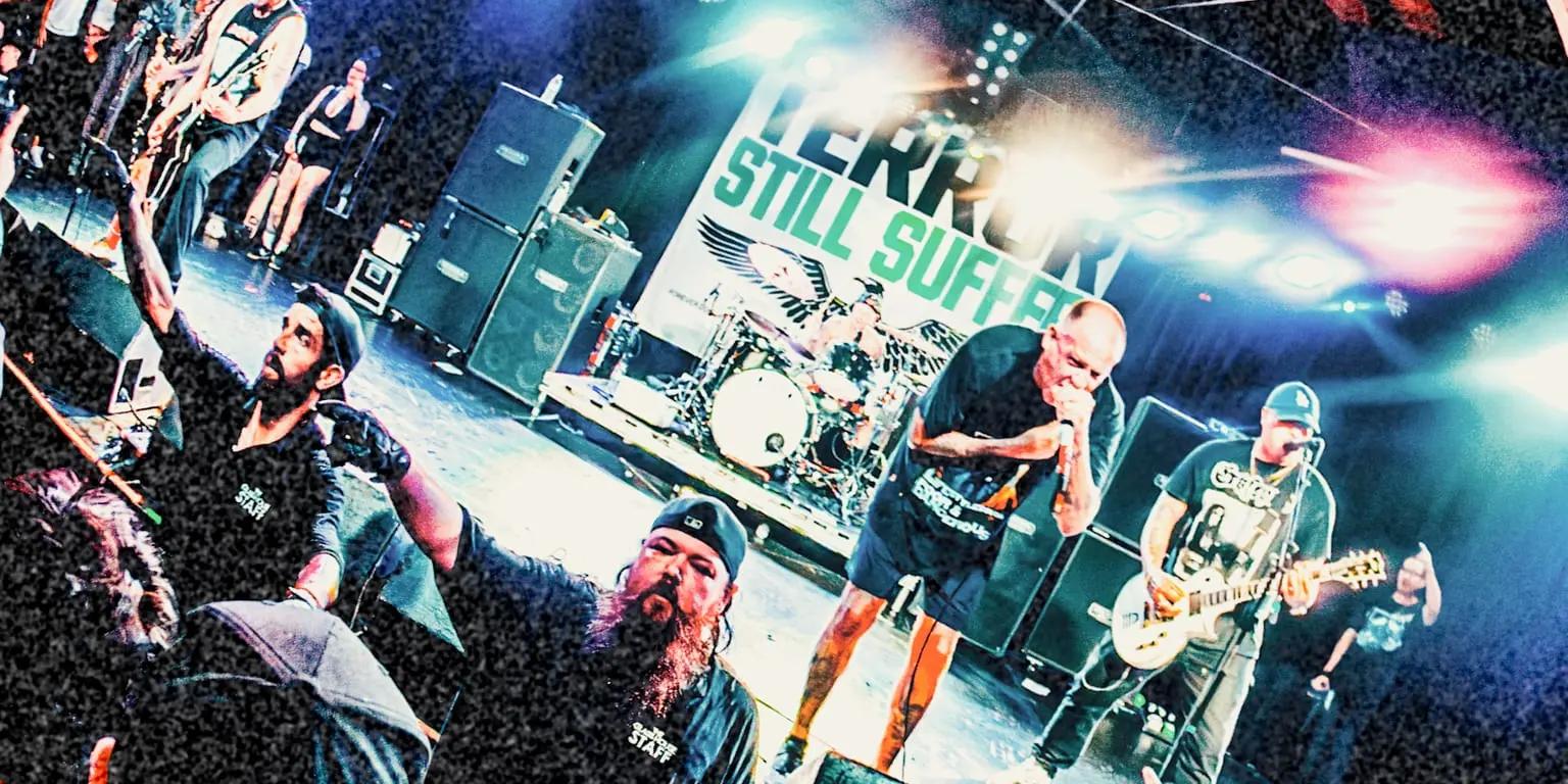 Hatebreed performing live on stage during a heavy metal concert