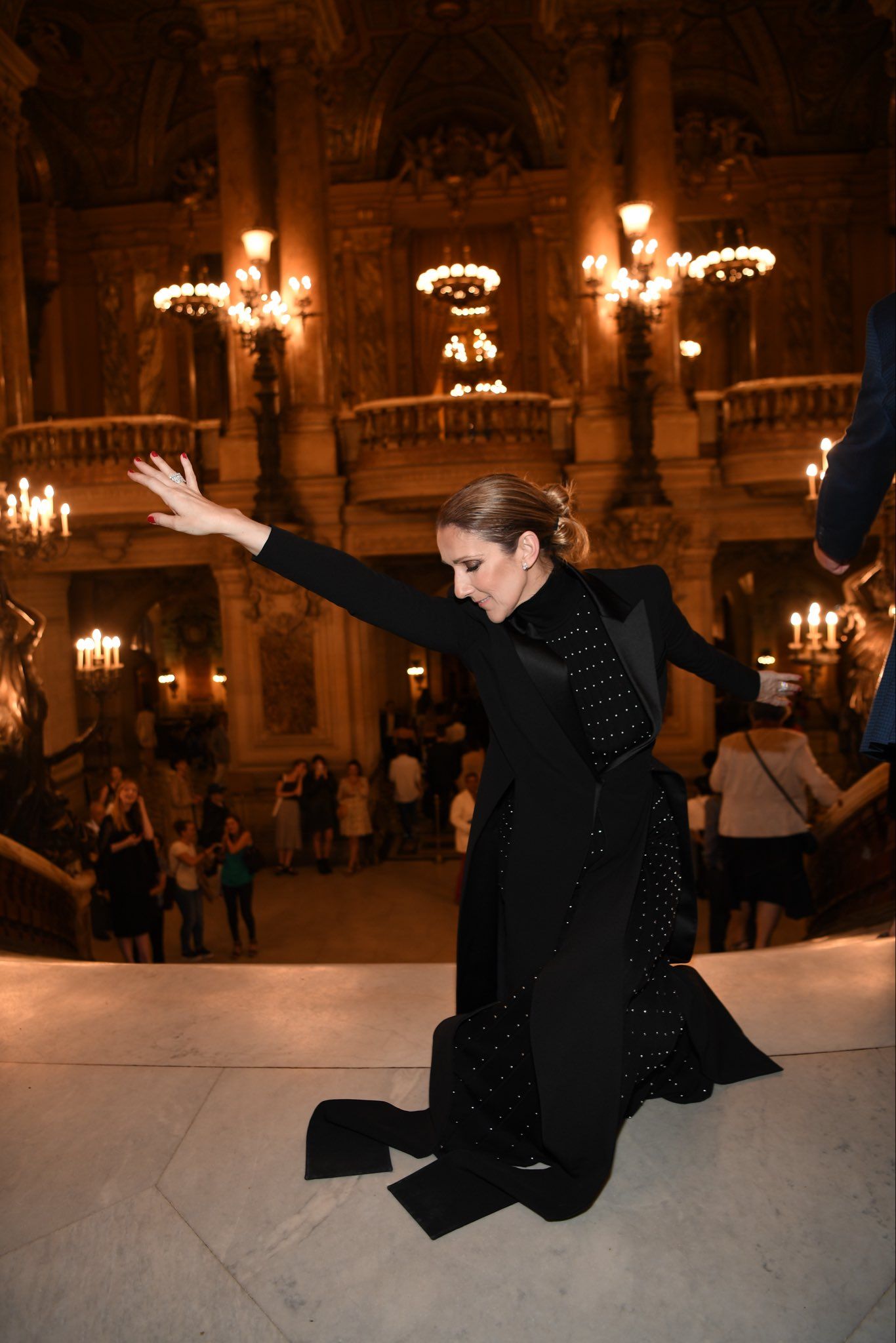 Céline Dion performing live, announcing her 2026 Paris La Défense Arena residency