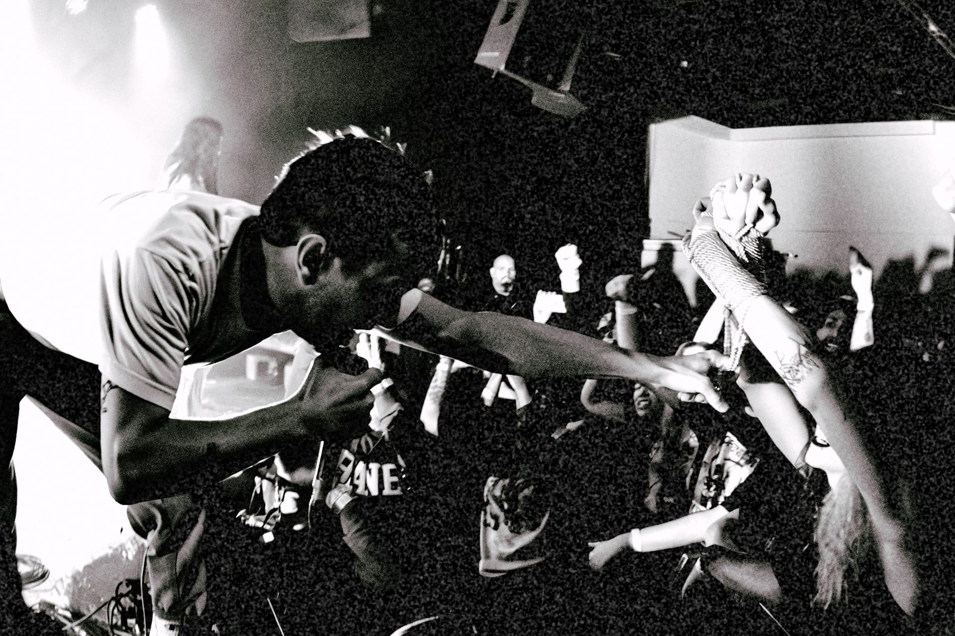 La Dispute frontman Jordan Dreyer reaching into the crowd at The Glasshouse, Pomona, April 27, 2026. Photo by Joma Mandocdoc.