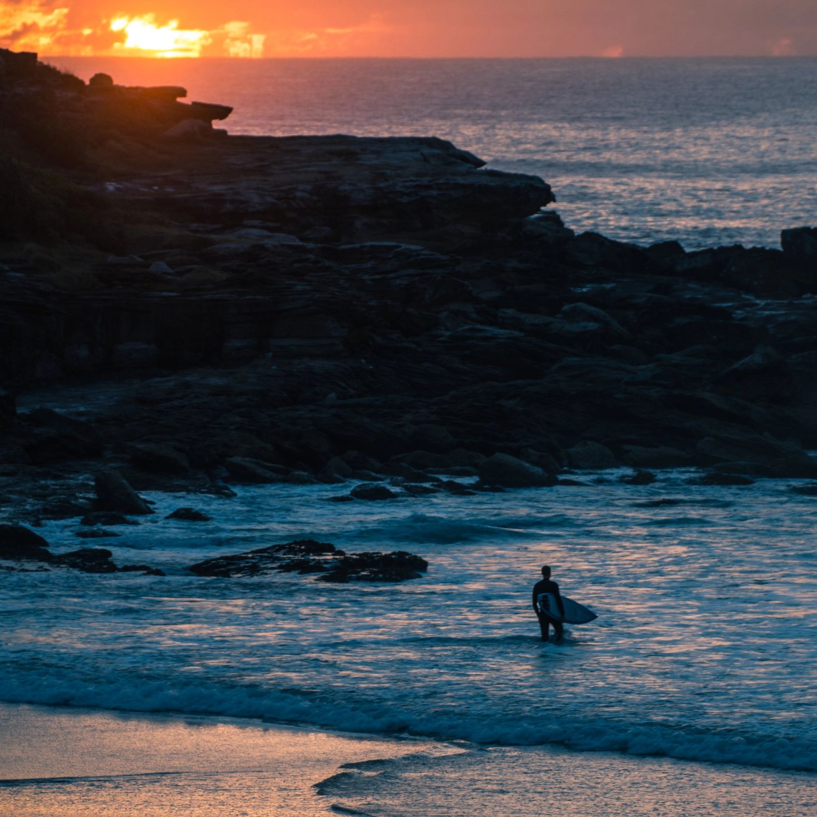Surfer Silhouette Sunrise Rocks