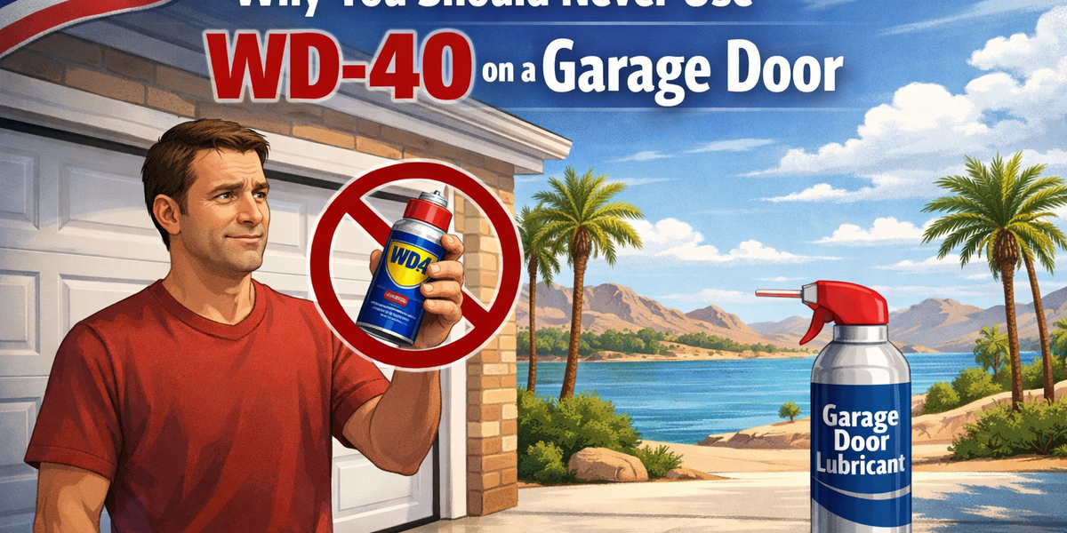 An American flag-themed garage door maintenance image for Lake Havasu City highlighting why WD-40 should not be used on garage doors.