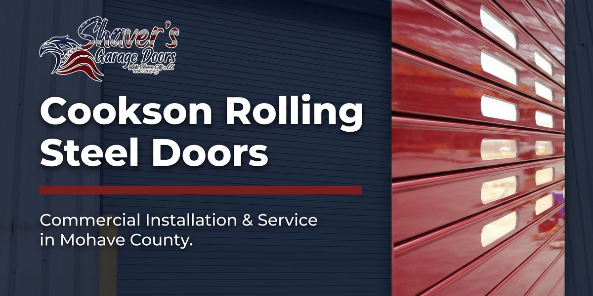 Grey Cookson rolling steel commercial door installed on an industrial building exterior, with bold text reading "Cookson Rolling Steel Doors – Commercial Installation & Service in Mohave County" and the Shaver's Garage Doors logo — serving Lake Havasu City, Kingman, and Mohave County, Arizona.