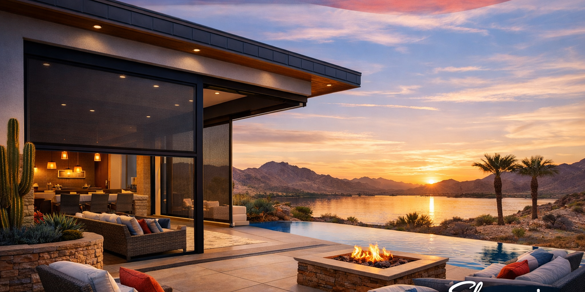 Lake Havasu City outdoor living graphic with motorized patio screens, red white and blue theme, and Shaver’s Garage Doors logo